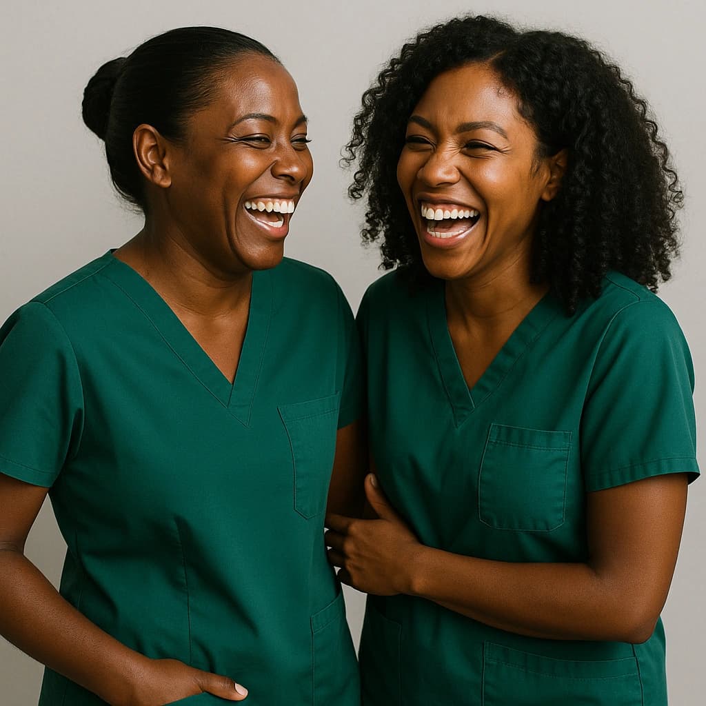 Two physiotherapists smiling at each other